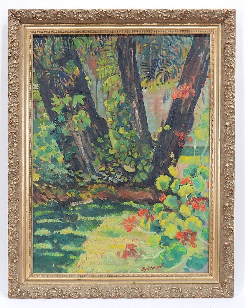 Oil on Board signed ***** Sybrand, 24 x 18", "Garden Setting w/Red Blooms".: Oil on Board signed ***** Sybrand, 24 x 18", "Garden Setting w/Red Blooms".