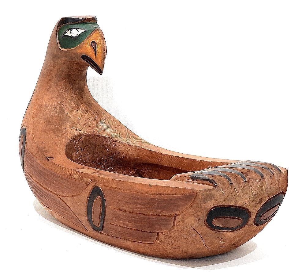 Old Northwest Coast Feast Bowl, Carved & Painted Cedar, 18 3/4"L. (1 of 4)