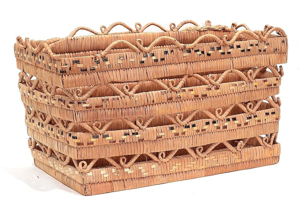 Salish Openwork Basket w/Looped Features, 10 1/4 x 18 1/2 x 15 5/8" (as found). (1 of 3)