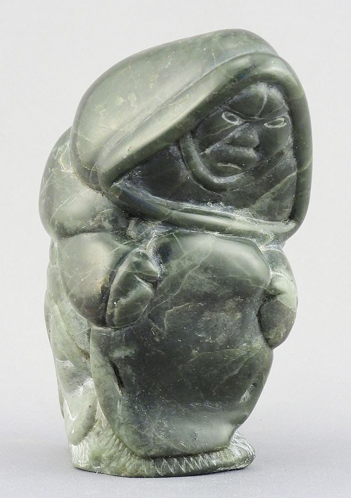 Inuit Sculpture by Isakas, 5"h "Woman w/Long Beaver Tail Coat" w/ Original Tag.: Inuit Sculpture by Isakas, 5"h "Woman w/Long Beaver Tail Coat" w/ Original Tag.