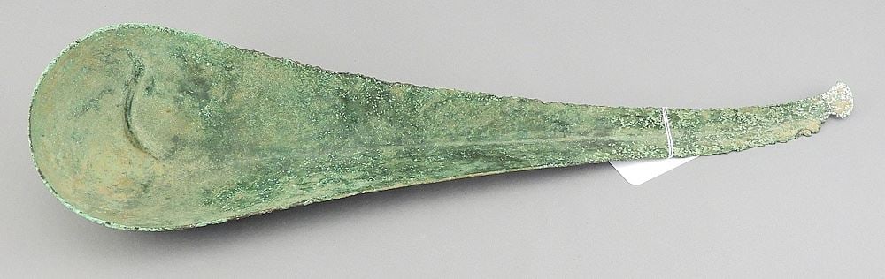 Old Verdigris Bronze Spoon w/ Decorated Bowl, 13 1/2"L, 145g.: Old Verdigris Bronze Spoon w/ Decorated Bowl, 13 1/2"L, 145g.