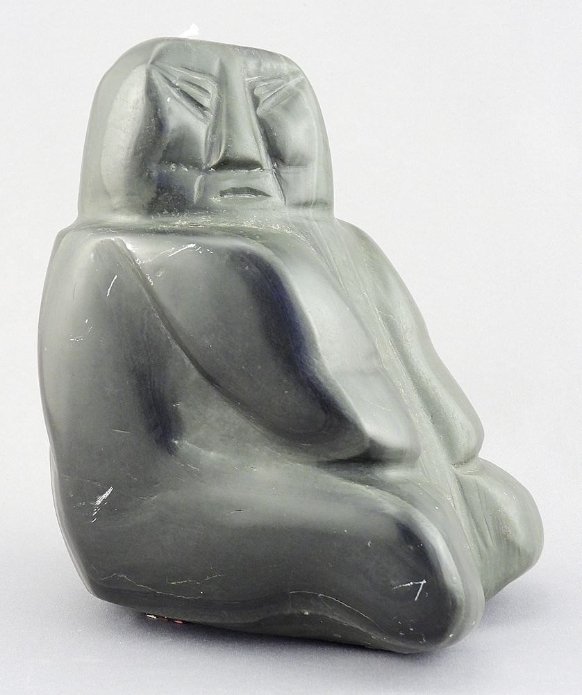 Inuit Sculpture by Mary Nuktie, 6 7/8"h "Sitting Male" w/Original Tag.: Inuit Sculpture by Mary Nuktie, 6 7/8"h "Sitting Male" w/Original Tag.