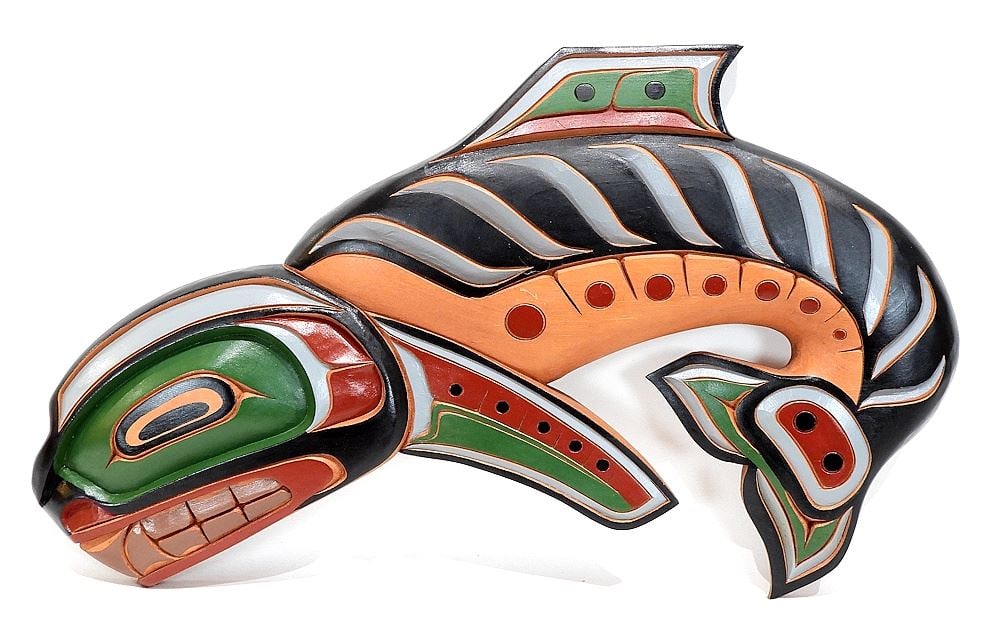 Northwest Coast Carving signed Bob Indistinctly, 23 3/4"L, "Leaping Whale". (1 of 2)