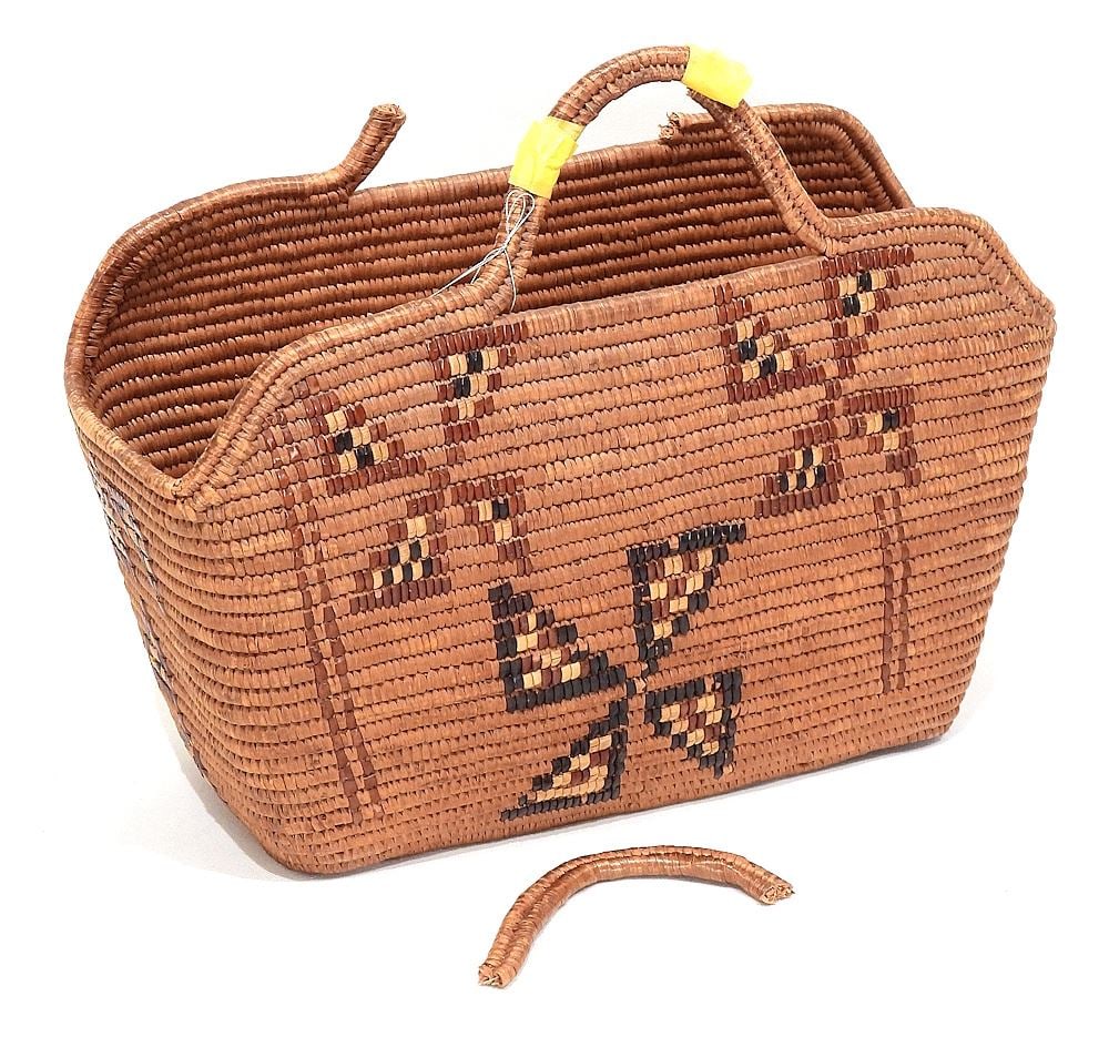 Thompson River Salish Imbricated Shopping Basket, 15"L (handle damaged). (1 of 3)