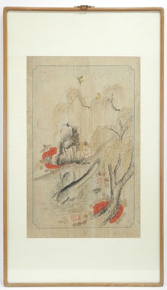 Chinese Ink & Colour Painting, 22 1/4 x 13 7/8", "Pond Scene with Willow & Carp". (1 of 3)
