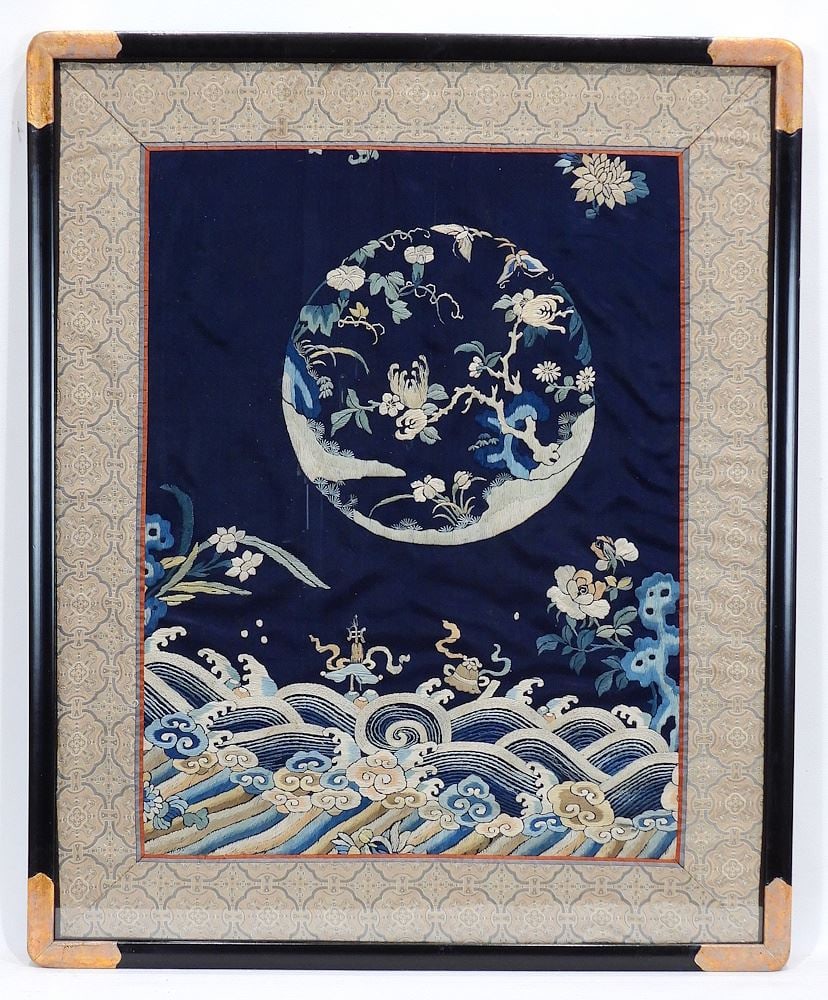 Chinese Qing Silk Stitchery Panel, 19 x 14 3/4" Framed.: Chinese Qing Silk Stitchery Panel, 19 x 14 3/4" Framed.
