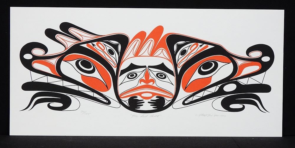 Nuu-Chah-Nulth Serigraph signed Art Thompson, 10 3/8 x 22", "The Last Child" #36/155.: Nuu-Chah-Nulth Serigraph signed Art Thompson, 10 3/8 x 22", "The Last Child" #36/155.
