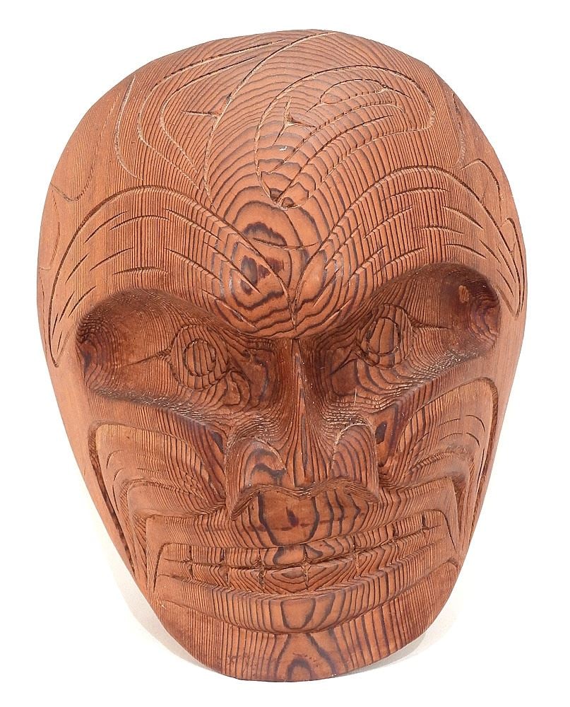 Carved Cedar Mask signed Peter C. Charlie, 13 1/2", "Wild Man". (1 of 3)