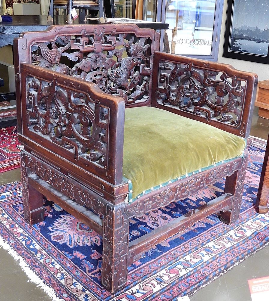 Chinese Hardwood Wide Chair, 33 x 30 x 24 1/4".: Chinese Hardwood Wide Chair, 33 x 30 x 24 1/4".