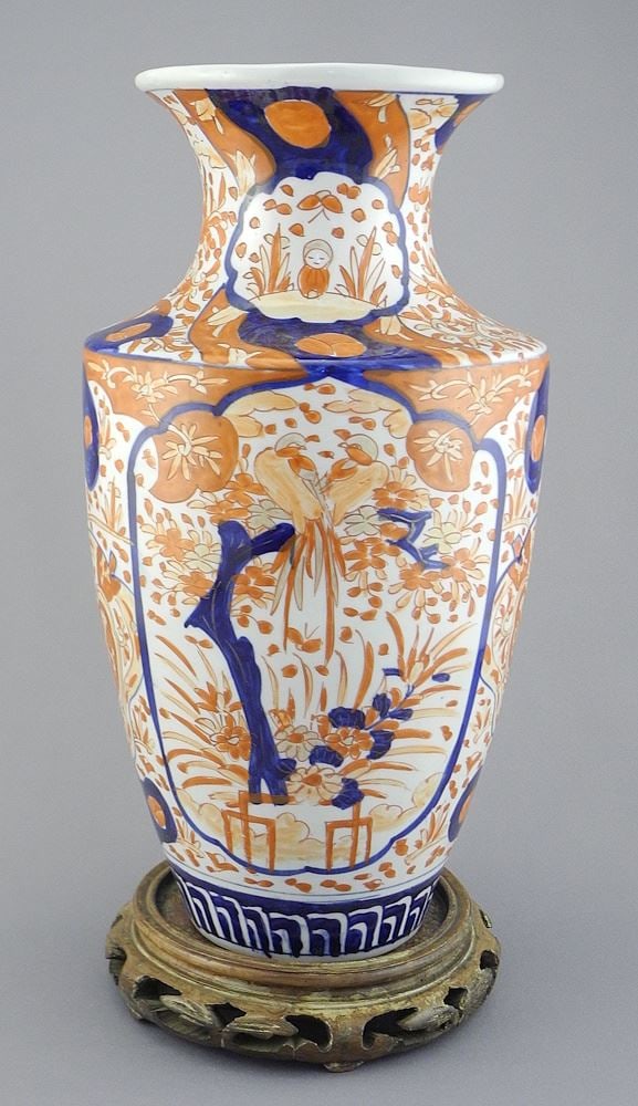Late 19th C. Japanese Imari Porcelain Vase (12"h) w/Stand. (1 of 4)