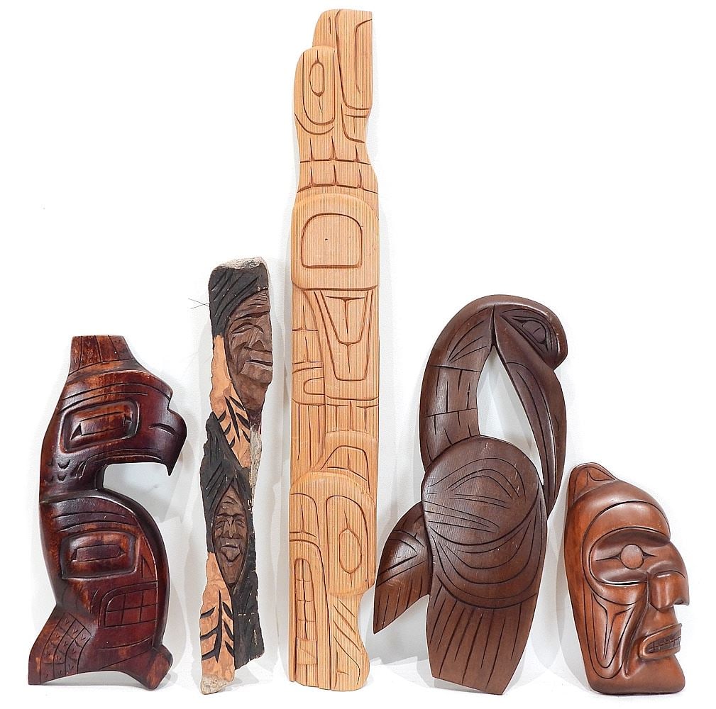 Five Northwest Coast Panel Carvings: D. Paul/Gonzales/Williams/Mountain/ Wanik, 7 3/8 - 21 1/4"L.: Five Northwest Coast Panel Carvings: D. Paul/Gonzales/Williams/Mountain/ Wanik, 7 3/8 - 21 1/4"L.