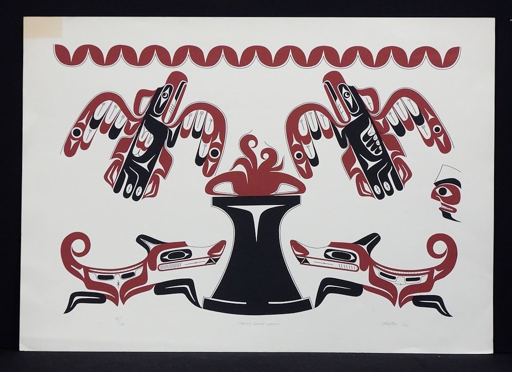 Nuu-Chah-Nulth Serigraph signed Art Thompson 7/80, 21 x 29 1/2", "Family Dance Curtain" #69/150. (1 of 3)
