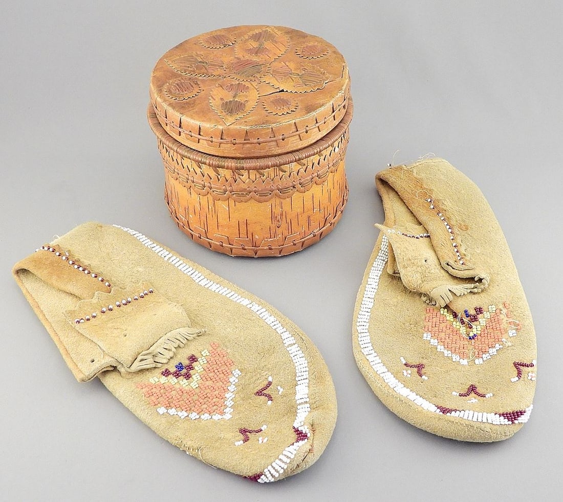 Birch Bark Basket (4 7/8 x 5 3/4" diam.) & Pair of Beaded Moccasins, 11"L. (1 of 3)