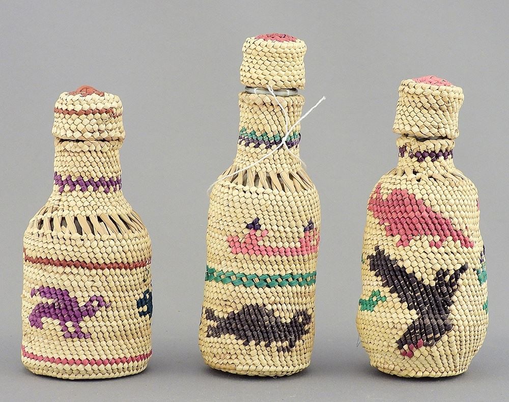 Three Nuu-Chah-Nulth Basketry Wrapped Bottles. (1 of 2)