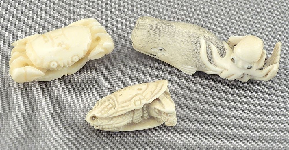 Three Japanese Netsuke: Marine Subjects/1 signed, 1 1/2 - 2 1/2", CDN BIDDERS ONLY. (1 of 3)