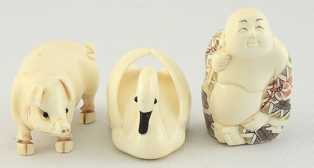 Three Japanese Netsuke signed Matsuyama/Shozan, 1 1/8 - 1 7/8"h, CDN BIDDERS ONLY. (1 of 5)