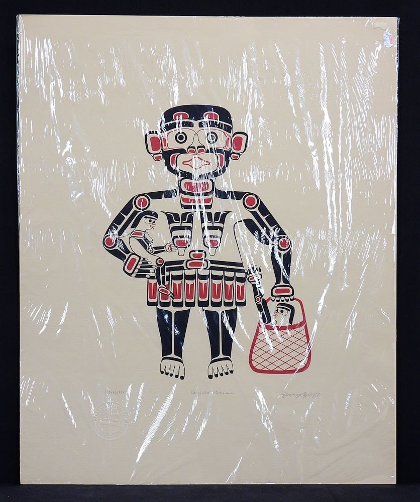 Kwagiulth Serigraph signed Henry Hunt, 26 x 21" "Cannibal Woman" #335/600/79.: Kwagiulth Serigraph signed Henry Hunt, 26 x 21" "Cannibal Woman" #335/600/79.