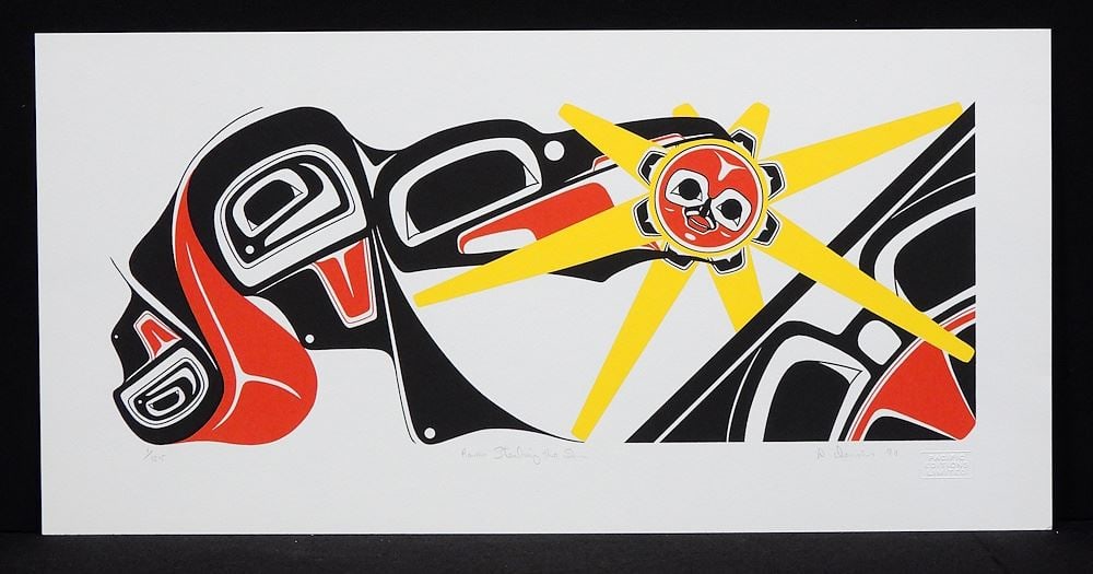 Gitksan Serigraph signed (Danny) Dennis '90, 9 3/8 x 19 3/8", "Raven Stealing The Sun" #1/25. (1 of 3)