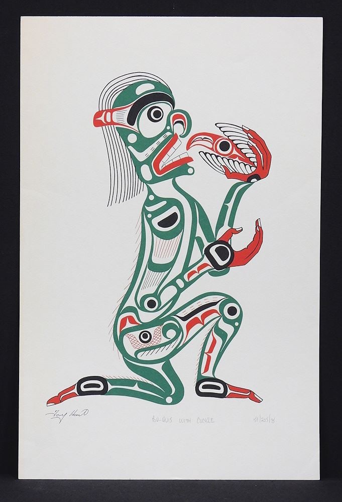 Kwagiulth Serigraph signed Tony Hunt , 20 x 13", "Bu-Quis with Cockle" 59/205/75.: Kwagiulth Serigraph signed Tony Hunt , 20 x 13", "Bu-Quis with Cockle" 59/205/75.