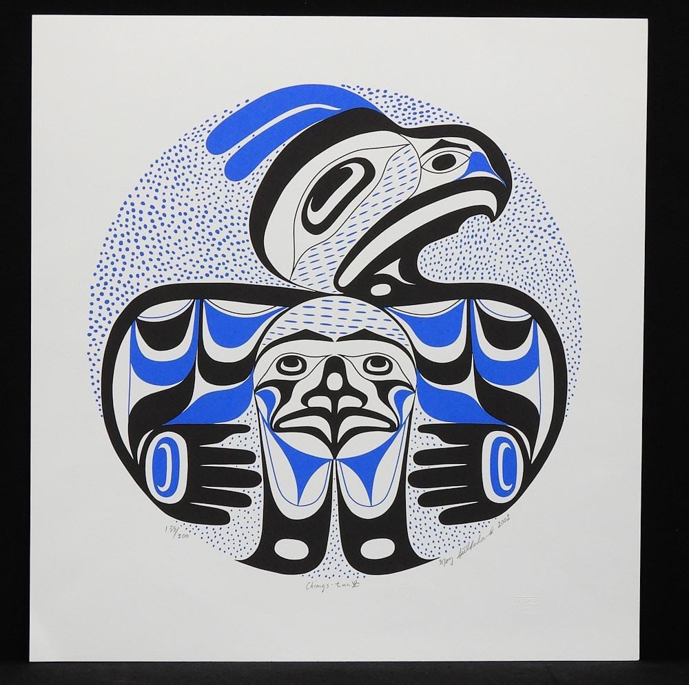 Tlaoquiaht Serigraph signed Moy Sutherland, 20 x 19", "Chimqs-tuntl" #138/200, 2002.: Tlaoquiaht Serigraph signed Moy Sutherland, 20 x 19", "Chimqs-tuntl" #138/200, 2002.