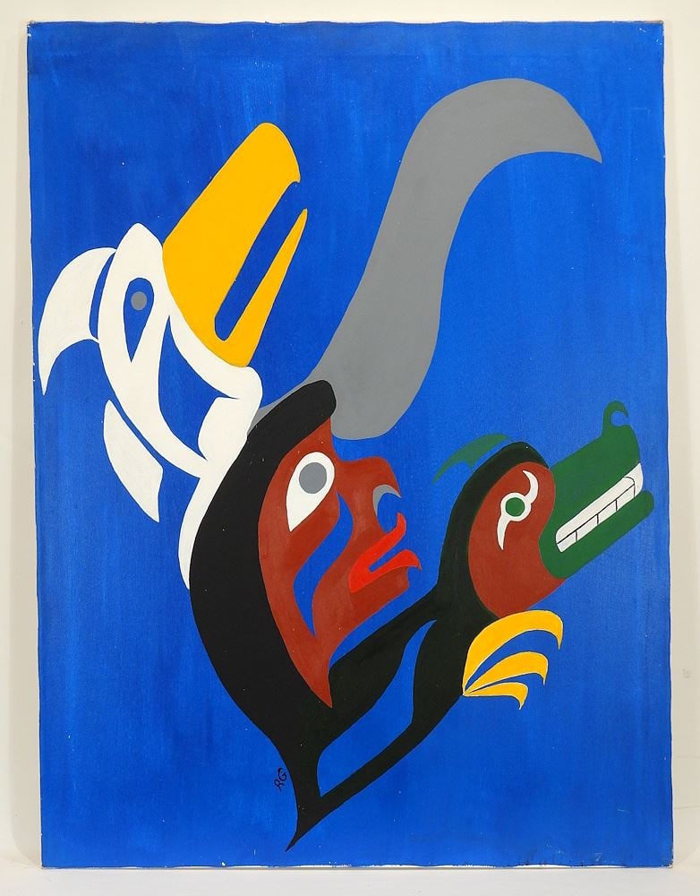 Acrylic on Canvas Monogrammed RG, 30 x 40", "3 Figures Profile Totem", Unframed. (1 of 3)