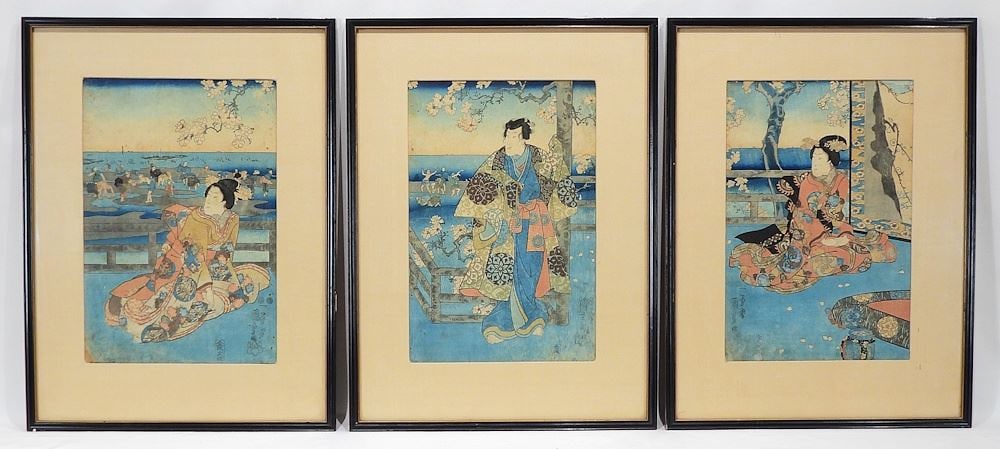 Three Japanese Woodblock Prints by Kuniyoshi, 13 3/4 x 9 1/8", "Figure Studies". (1 of 5)