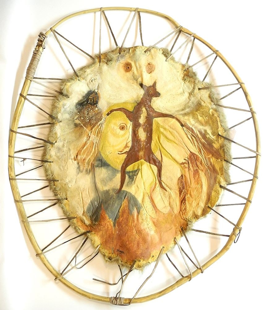 Painted Beaver Hide on Stretcher signed Thayer, 31 1/2" x 26". (1 of 4)