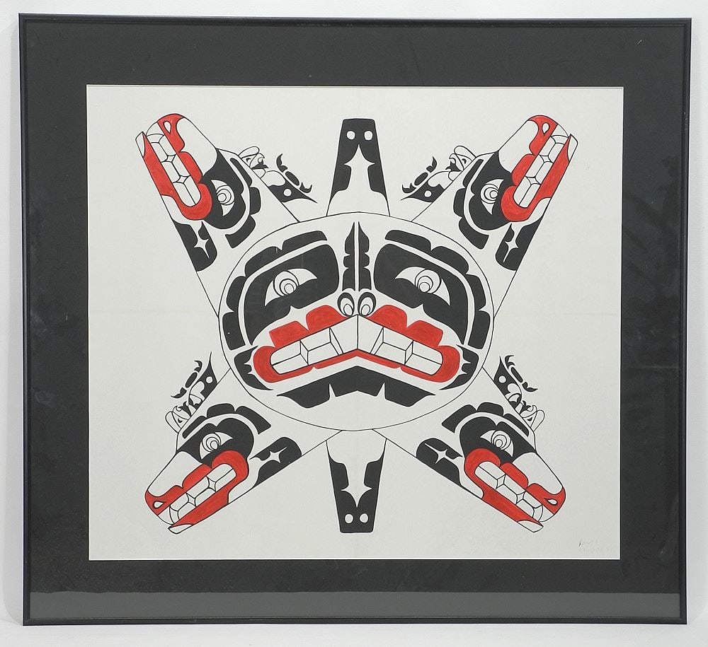 Mixed Media on Paper signed Randy Chichite'94, 20 1/2 x 23", "Sun Kwagiutl".: Mixed Media on Paper signed Randy Chichite'94, 20 1/2 x 23", "Sun Kwagiutl".