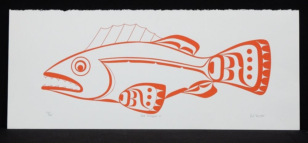 Kwagiulth Serigraph signed Cal Hunt, 9 7/8 x 24", "Red Snapper '04" #141/ 200. (1 of 3)