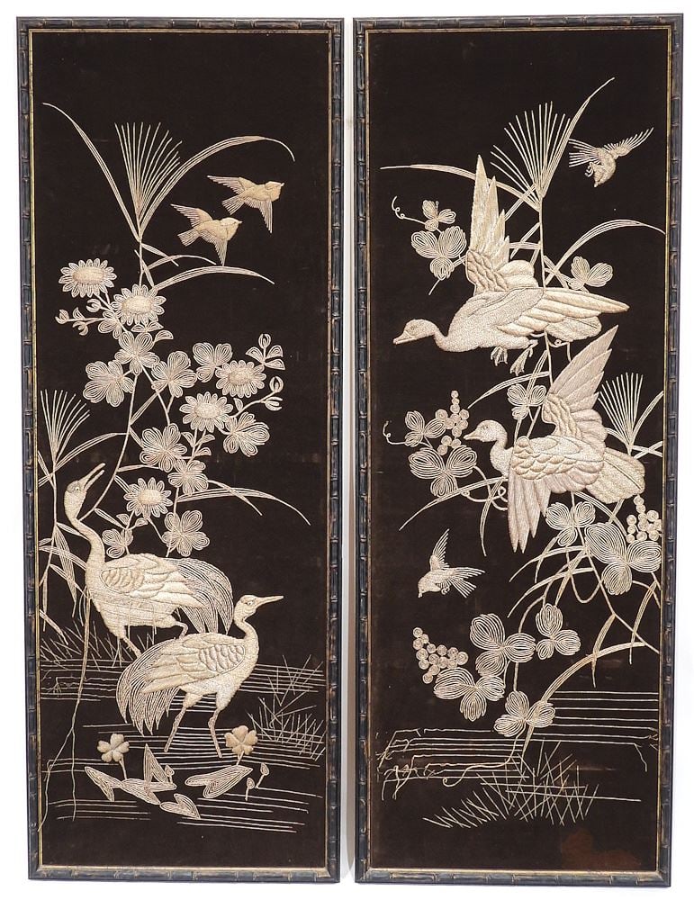 Four Chinese Silver Thread & Black Silk "Cranes" Panels each 52 1/2 x 20". (1 of 4)