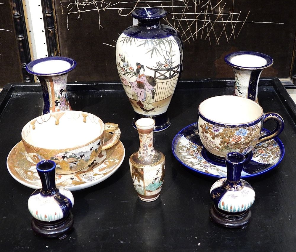 Collection of Satsuma Earthenware: Vases & 2 Teacups & Saucers. (1 of 1)