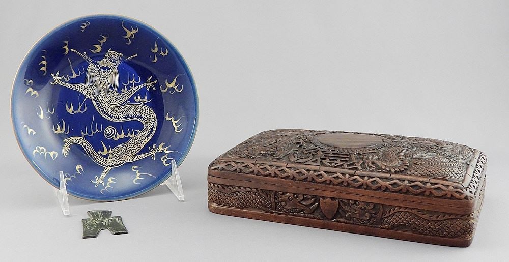 Chinese Carved Hardwood Box & Cobalt Ground Dish w/Qianlong Mark. (1 of 7)