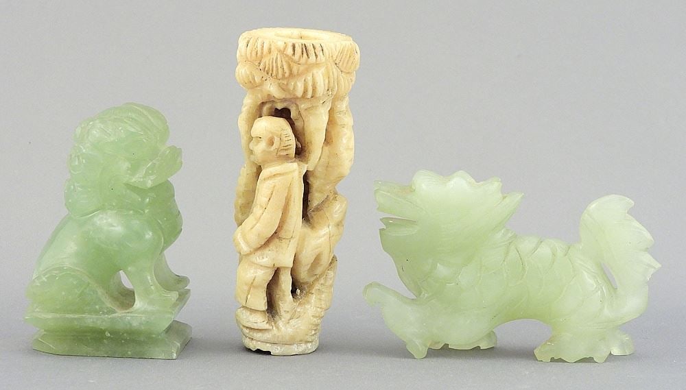 Carved Bone Handle & Two Jadeite Carvings, 2 - 3 3/8"h, CANADIAN BIDDERS ONLY. (1 of 3)