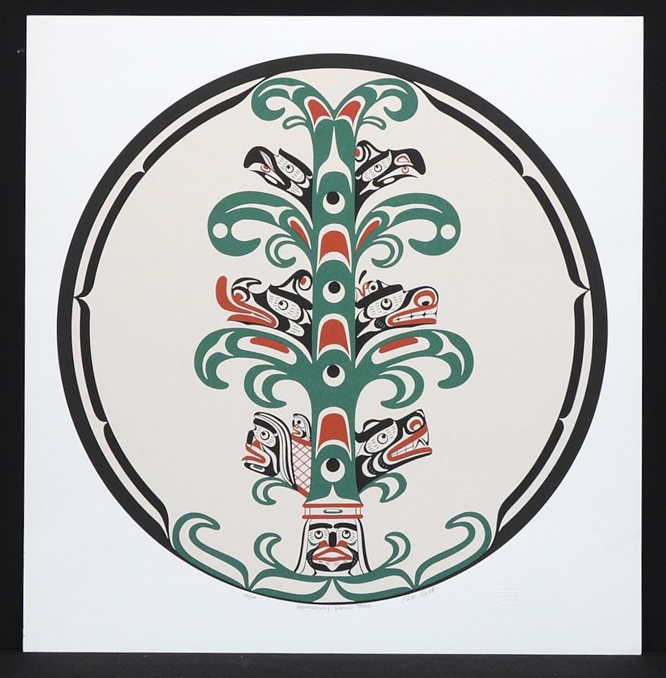 Kwagiulth Serigraph signed Tom Hunt, 20 3/4 x 20", "Henderson Family Tree " #175/200.: Kwagiulth Serigraph signed Tom Hunt, 20 3/4 x 20", "Henderson Family Tree " #175/200.
