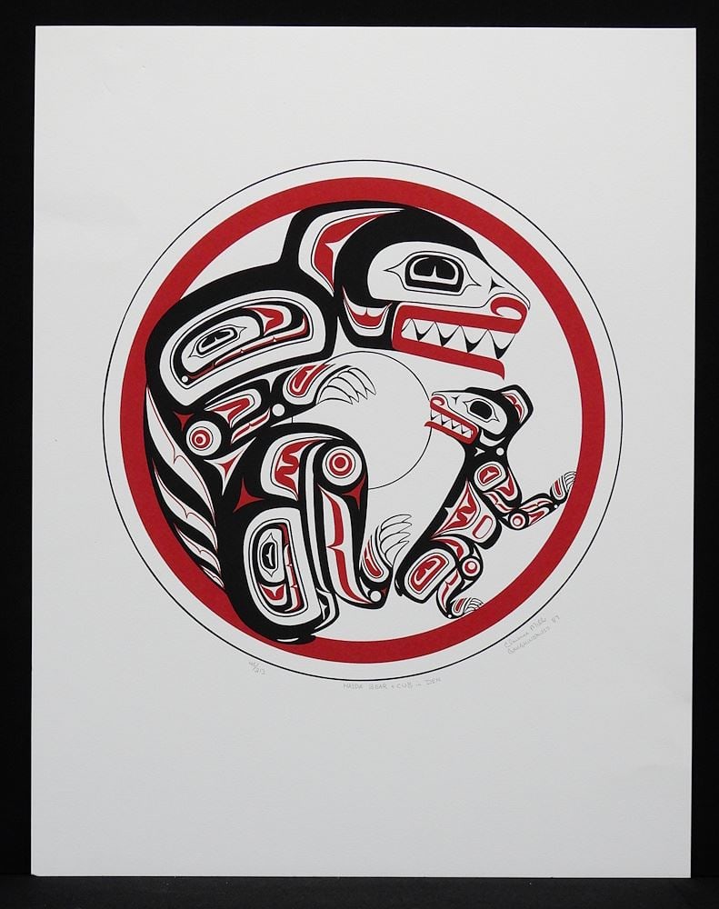 Haida Serigraph signed Clarence Mills, 22 x 17", "Haida Bear & Cub in Den" #45/213. (1 of 3)