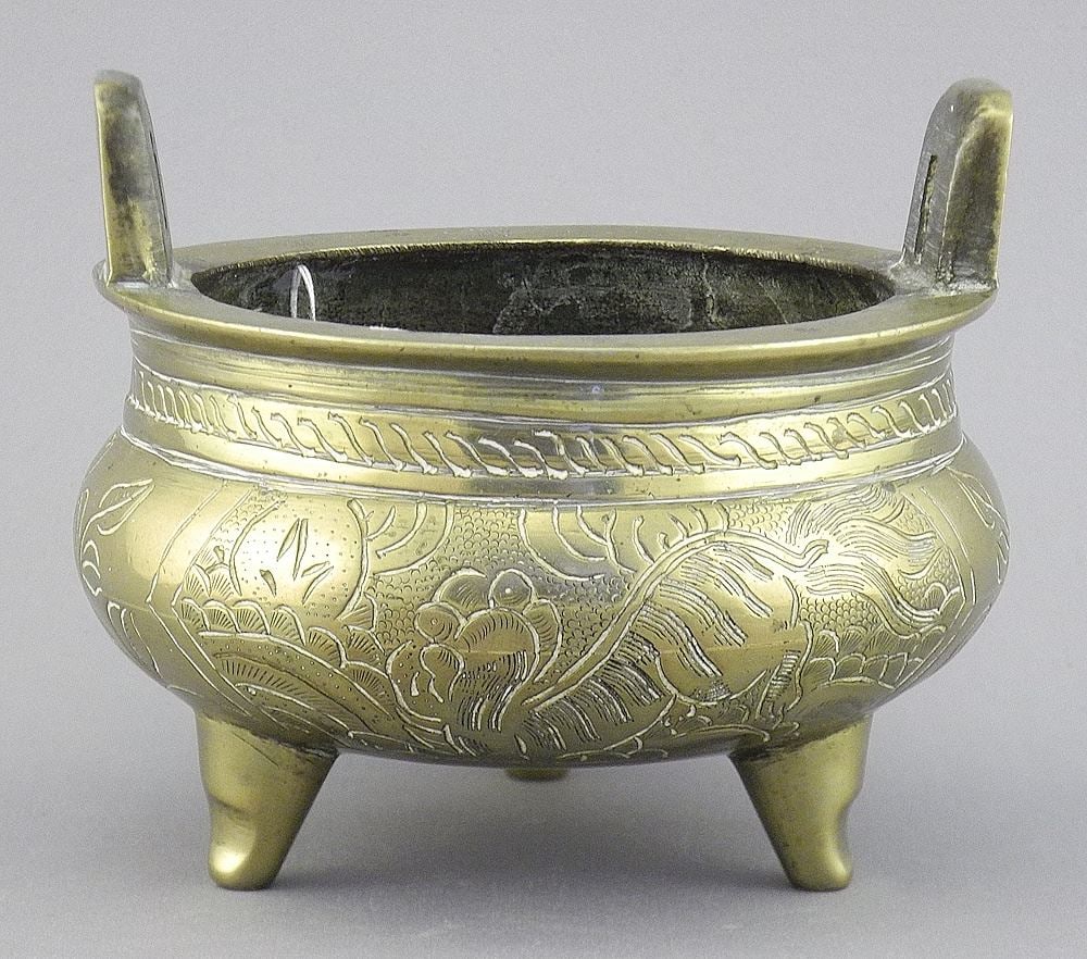 Chinese Xuande Style Brass Censer, 4 1/8 x 4 7/8 x 5", 670g. (1 of 3)