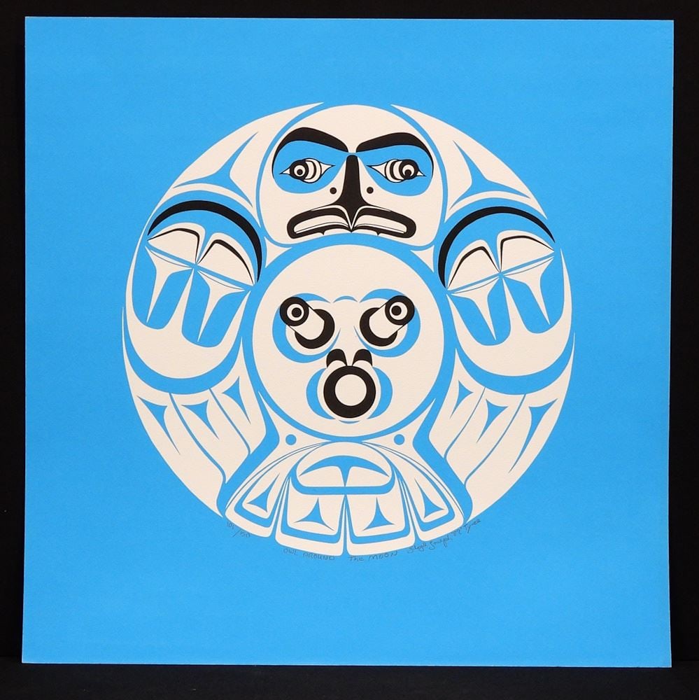 Coast Salish Serigraph signed Floyd Joseph '82, Ty-ee, 20 1/2 x 20 1/2", "Owl Around The Moon" #101 (1 of 3)