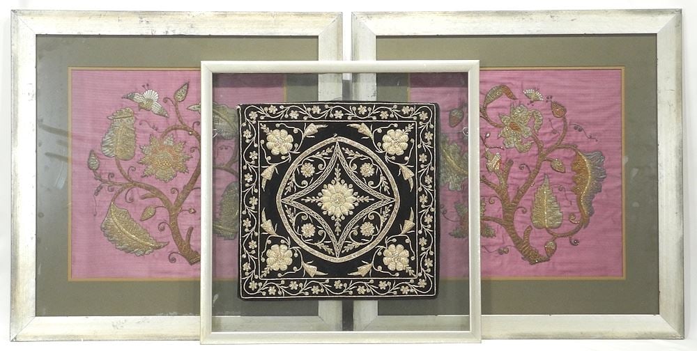 Three South Asian & Chinese Couched Gold Thread Embroidery Panels, Larger 16 1/2 x 16 3/4".: Three South Asian & Chinese Couched Gold Thread Embroidery Panels, Larger 16 1/2 x 16 3/4".