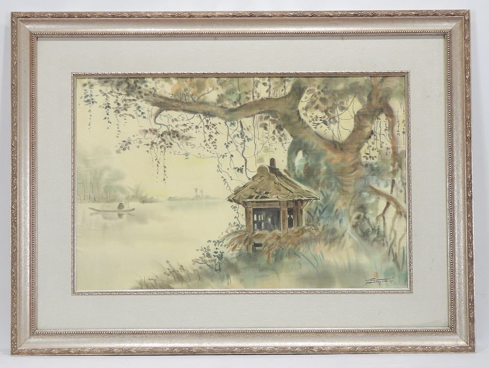 Japanese Style Watercolour on Silk signed Indistinctly, 18 x 27 1/2", "Pagoda by Water".: Japanese Style Watercolour on Silk signed Indistinctly, 18 x 27 1/2", "Pagoda by Water".