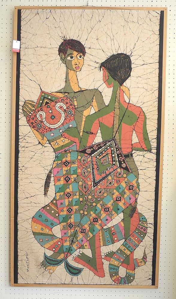 Sri Lanka Batik Panel signed Bandula (Fernando), 61 x 31 1/2". (1 of 3)