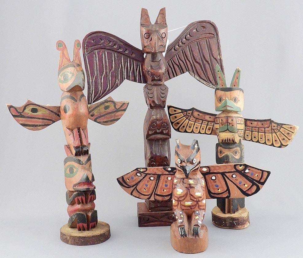 Four Model Totem Poles, 5 1/4 - 12 1/4"h, Tallest signed Jimmy John. (1 of 4)