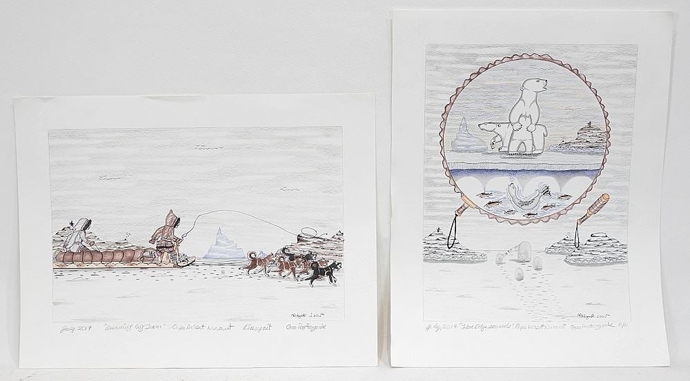 Two Colour Prints signed George Pootoogook, 14 1/8 x 10 3/4" "Floe Edge" & "Running", unframe (1 of 5)