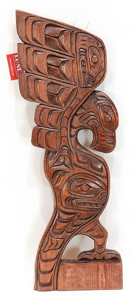 Gilford Island Carving signed Basil H. James, 16"h, "Eagle, Bear on Wright Whale".: Gilford Island Carving signed Basil H. James, 16"h, "Eagle, Bear on Wright Whale".
