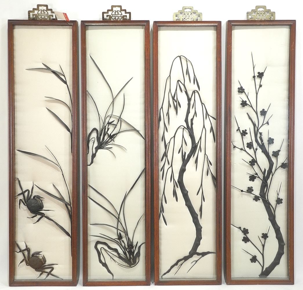 Four Japanese Iron Silhouettes, Framed, 41 1/2"h. (1 of 9)