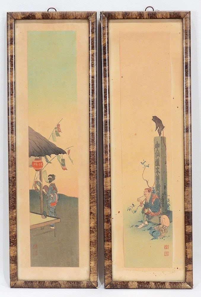 Pair of Japanese Pillar Prints, 14 5/8 x 3", "Man With Monkey" & "Woman Gazing". (1 of 4)