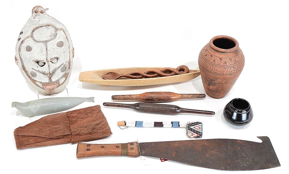 Collection of Ethnic Sundries: Seal/ Machete/PNG Mask/Pueblo Pox/CDN BIDDERS ONLY. (1 of 4)