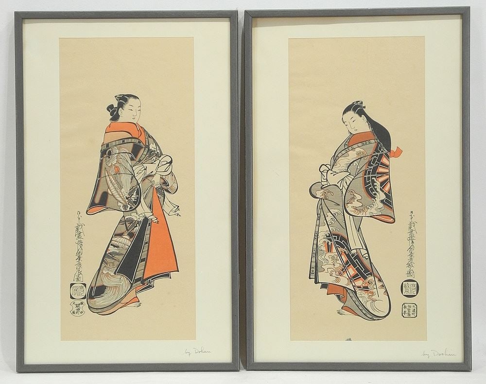 Pair of Japanese Woodblock Prints, 15 1/4 x 6 3/4", "Figure Studies". (1 of 5)