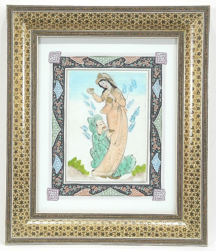 Persian Miniature Painting, 11 3/8" x 9" in Khatam Frame.: Persian Miniature Painting, 11 3/8" x 9" in Khatam Frame.