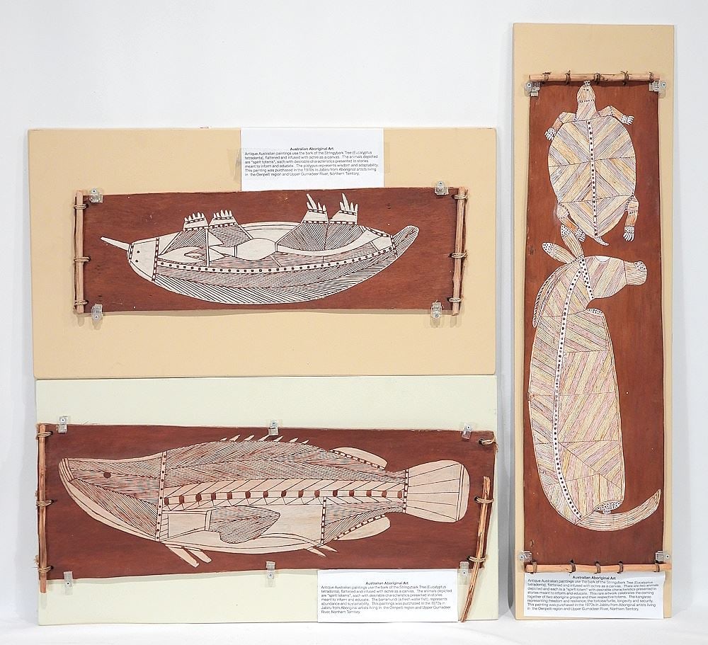 Three Australian Paintings on Eucalyptus Bark, Largest 30 x 8 5/8" (1 of 4)