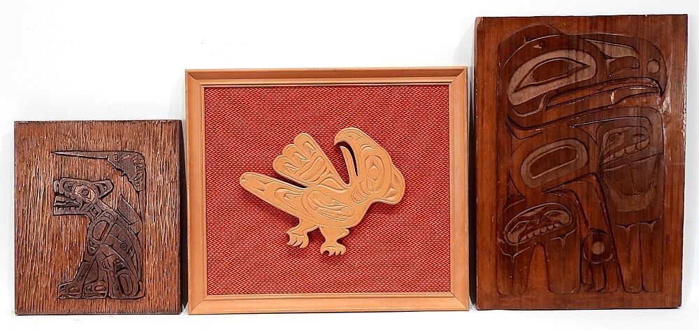 Three Northwest Coast Panel Carving: Robertson/Campbell/Angle, 10 3/4 - 16"h.: Three Northwest Coast Panel Carving: Robertson/Campbell/Angle, 10 3/4 - 16"h.